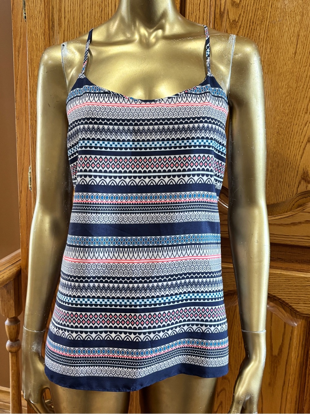 J. Crew Navy Patterned Spaghetti Strap Camisole with Pink & Light Blue Accents